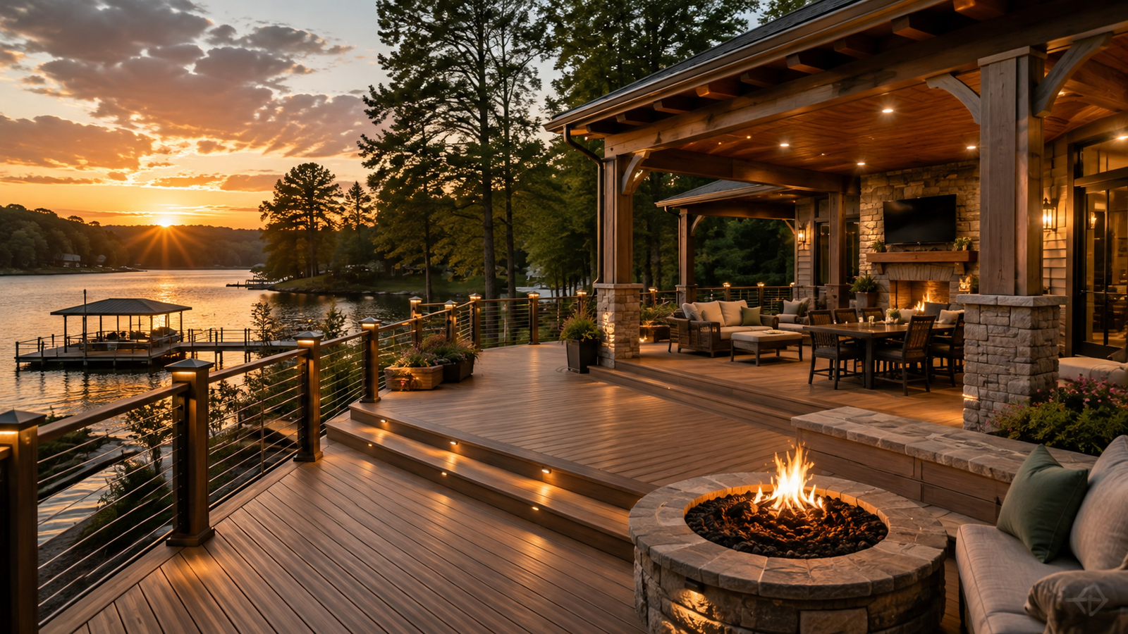 Custom lakefront deck with white cable railing overlooking Lake Gaston at dusk